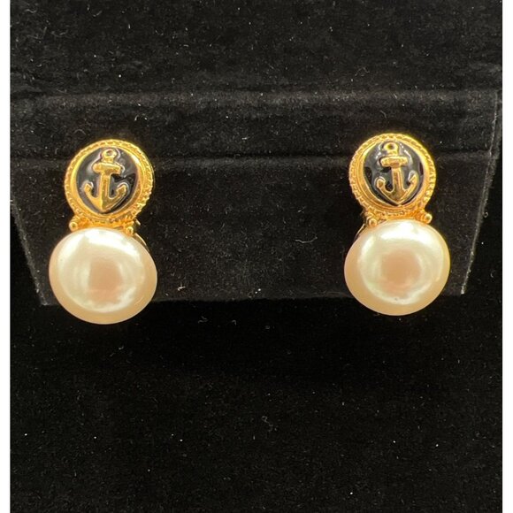 Vintage Marvella Gold-Tone Anchor Clip-On Earrings With Faux Pearl Accents - Picture 2 of 7